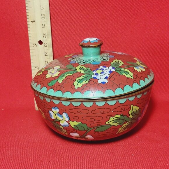 Vintage Cloisonné Brass Bowl With Lid Covered Red Dish - Picture 9 of 10